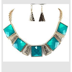 Necklace Earrings Turquoise Gold Women 17"-19" Hammered Chunky Set Acrylic